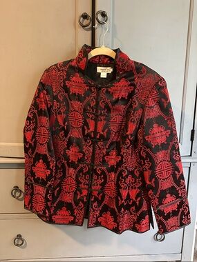 Red & Black Brocade Mandarin Collar Jacket